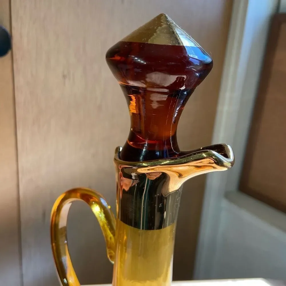 Vintage 50's Bohemian Amber Glass 22K Guilded Floral Rose Cruet Decanter & 5 Ste